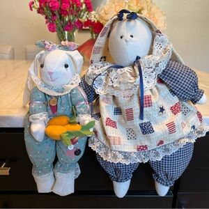 2 Adorable Bunny Dolls with Patchwork and Floral Outfits